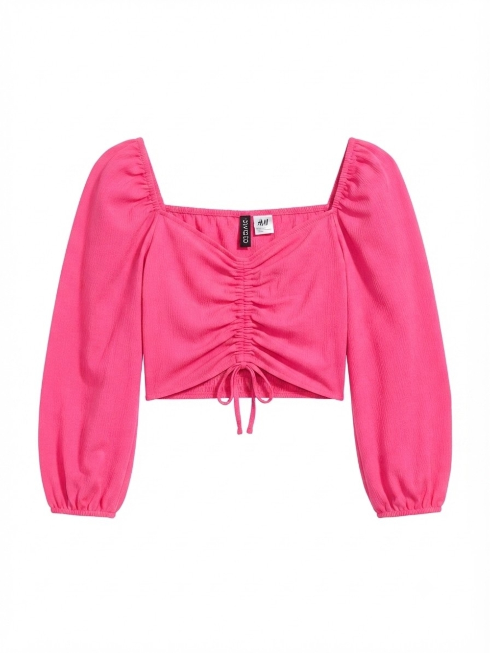 Divided Hot Pink Ruched Square-Neck Cropped Top with Puff Sleeves
